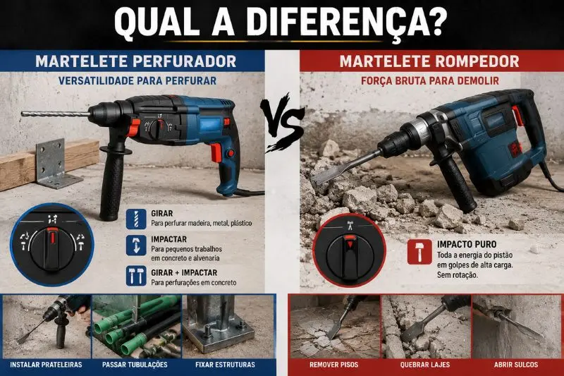 Qual a diferença entre martelete rompedor e perfurador
